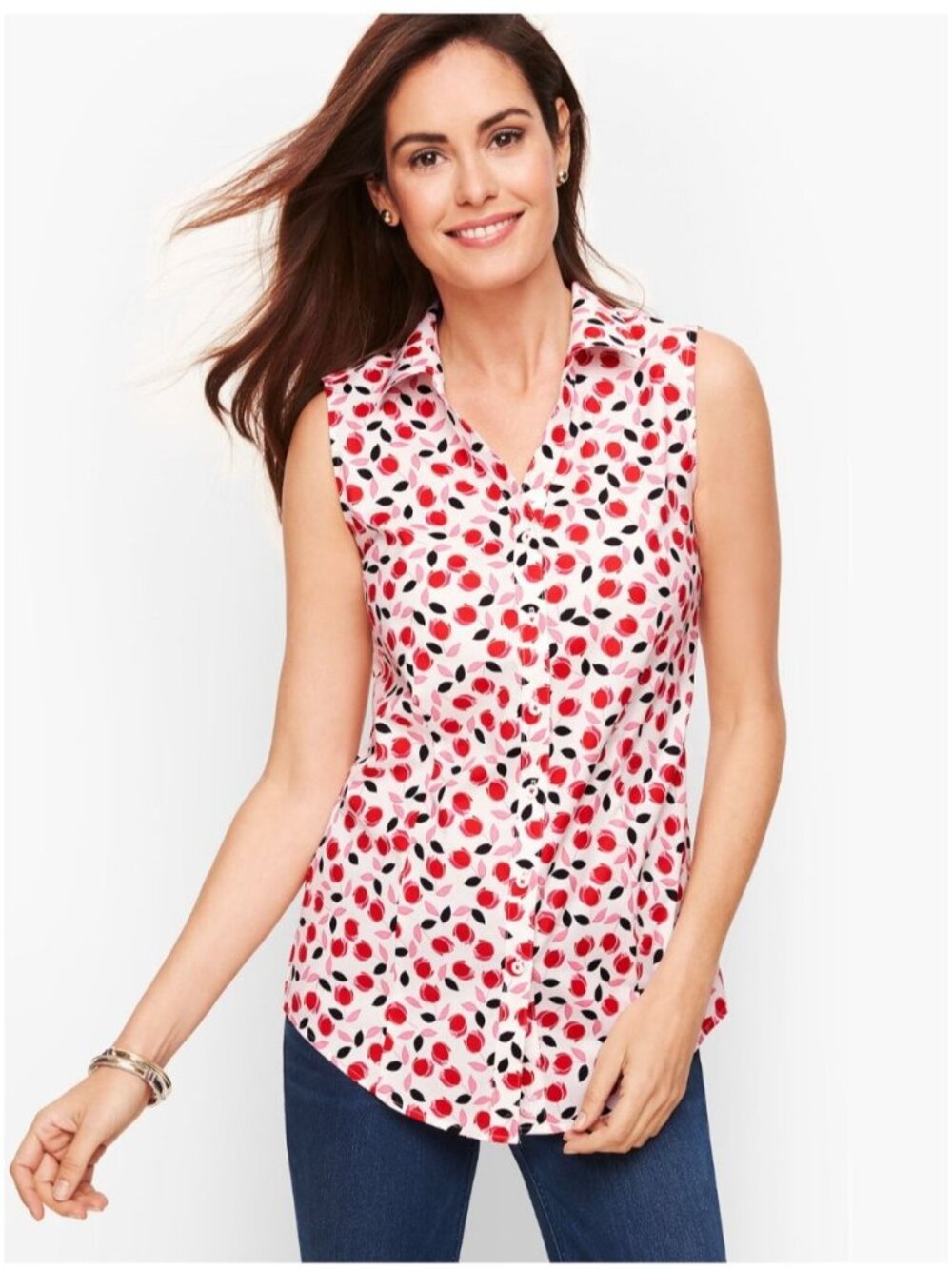 NWOT Talbots size 2 Perfect Shirt White Red Pink Tulip Floral No-Iron Sleeveless